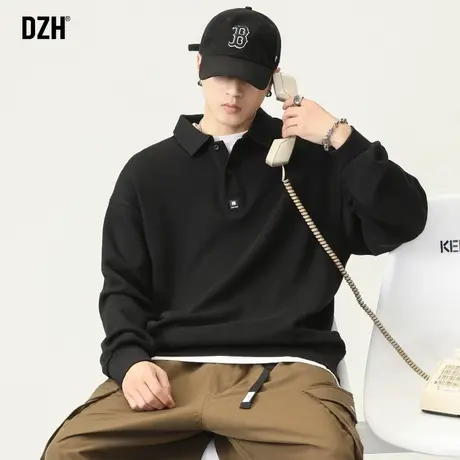 男士美式翻领卫衣男春秋潮牌男装2024新款休闲外套黑色长袖polo衫商品大图