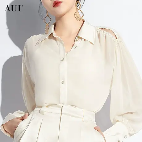 AUI杏色法式设计感雪纺衬衫女2024早春新款气质衬衣内搭长袖上衣商品大图