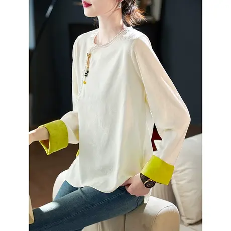 宝诗黎新中式钉珠提花雪纺衫2024春季新款气质高级感长袖宽松上衣商品大图