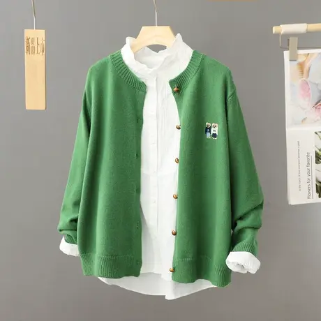 绿色圆领毛衣外套女春秋外穿2024新款慵懒风宽松软糯针织开衫上衣商品大图
