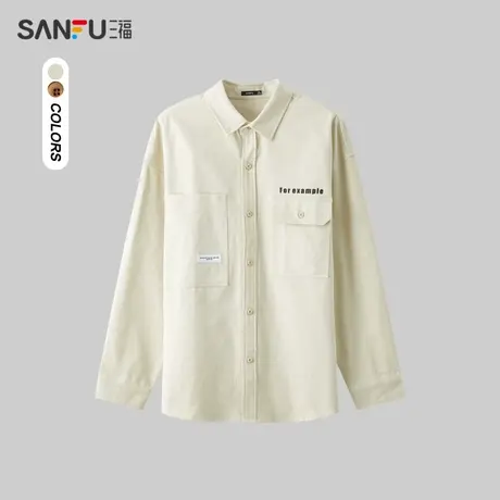 三福2024春季男士口袋绣花纯棉长衬衫 日系户外翻领上衣482428图片