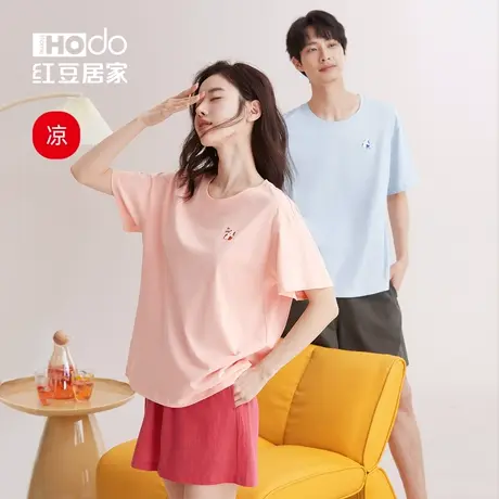 红豆居家情侣家居服A类纯棉短袖套头睡衣女夏季宽松凉感套装男士商品大图