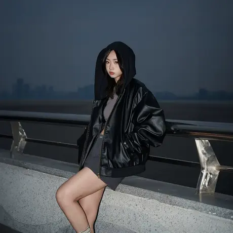 复古连帽PU皮夹克外套女春秋2024新款棒球服皮衣街头潮牌宽松上衣商品大图