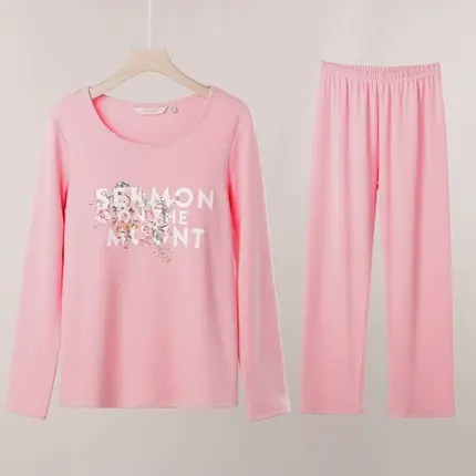 免穿文胸棉睡衣套装女居家冬带文胸透气棉长袖家居服秋冬款商品大图