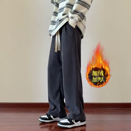直筒裤冬季裤子男款灯芯绒加绒阔腿休闲裤重磅垂感运动裤新款卫裤图片