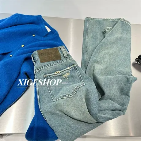 复古擦色字母皮标牛仔裤女早春新款高腰显瘦松弛感阔腿拖地直筒裤图片