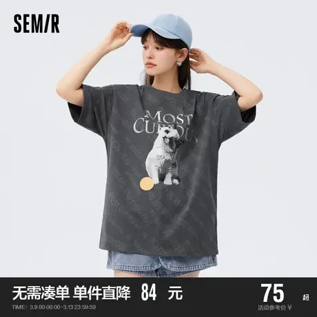 [商场同款]森马短袖T恤女中长款满印纯棉夏2023新款猫咪上衣宽松商品大图
