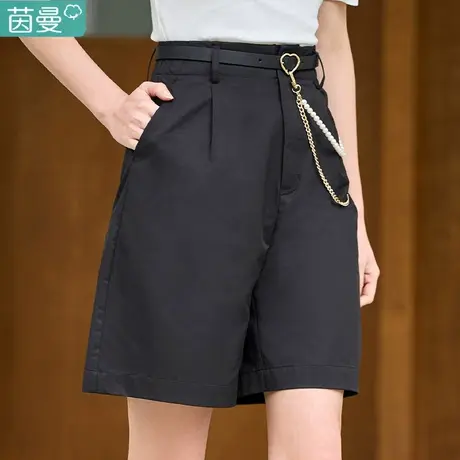 茵曼旗舰店黑色阔腿短裤女士2024夏季新款宽松高腰休闲直筒裤子图片