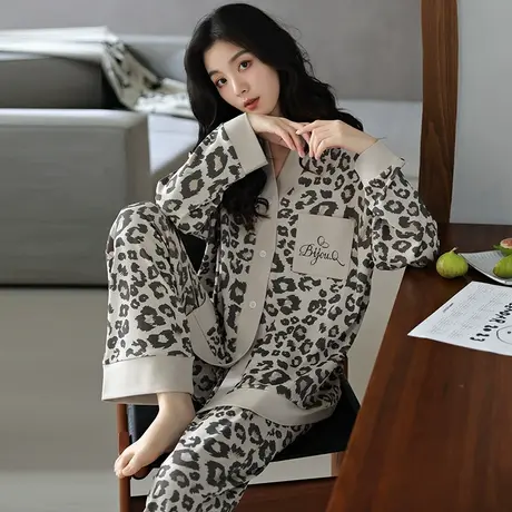婷美纯棉春季睡衣女长袖开衫V领高档休闲两件套可外穿家居服套装商品大图