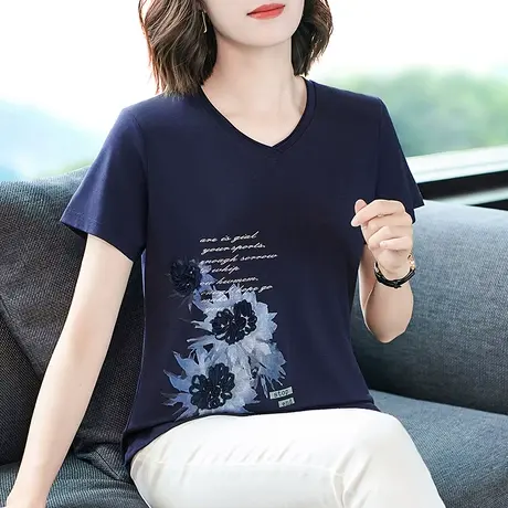 V领纯棉t恤女2023年夏装新款洋气中老年妈妈交叉领上衣短袖体恤衫商品大图