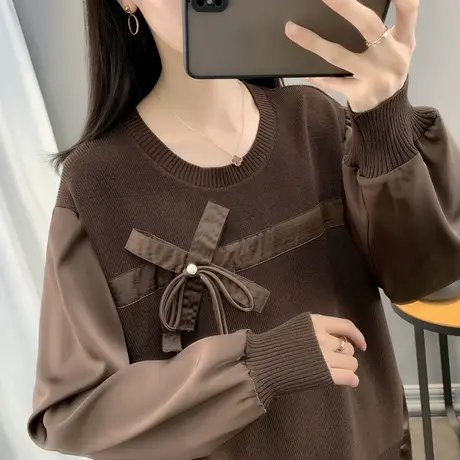 毛衣女设计感小众早秋上衣针织衫2023新遮胯显瘦蝴蝶结拼接假两件图片
