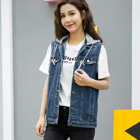 春秋韩版牛仔马甲女中长宽松新款无袖BF风背心怀旧大码带帽连帽商品大图