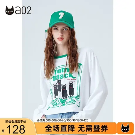 a02长袖T恤女秋新款原创潮牌甜酷撞色猫咪印花短T恤百搭上衣商品大图