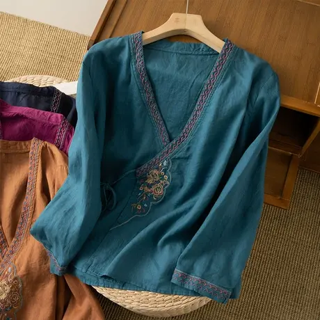享永子刺绣斜襟V领亚麻上衣夏文艺复古宽松显瘦棉麻茶服2023新款商品大图