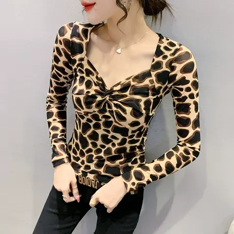 豹纹女装2023新款潮性感网纱长袖T恤洋气V领打底衫紧身个性上衣春图片