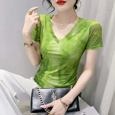性感网纱短袖T恤女2023夏季新款洋气修身V领小衫时尚扎染印花上衣商品大图