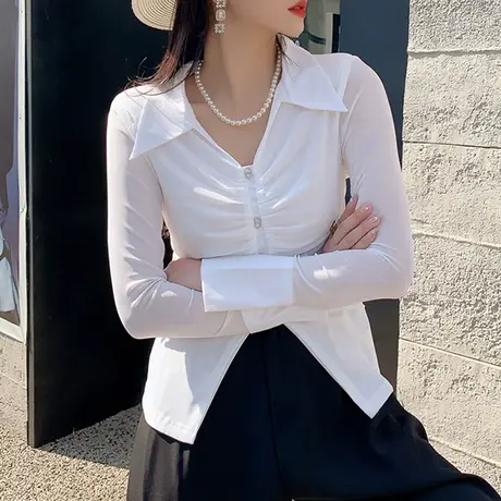 时尚气质衬衫女长袖秋2023新款性感网纱拼接上衣内搭POLO领打底衫商品大图