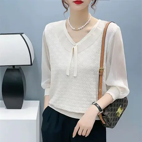 春装v领薄款针织衫女2023新款七分袖上衣打底衫蕾丝拼接雪纺袖女图片