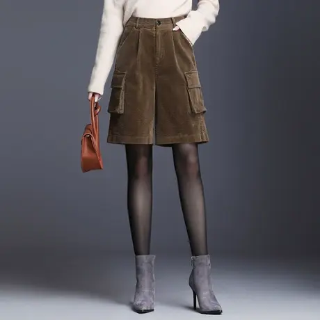 灯芯绒五分裤女秋冬2023新款高腰宽松大码阔腿短裤时尚显瘦休闲裤商品大图