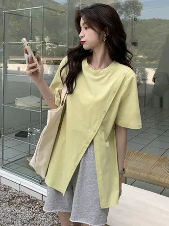 开叉t恤女夏短袖设计感2023新款不规则慵懒风宽松网红炸街上衣潮商品大图