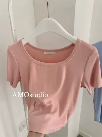 大U领短款T恤粉色下摆U型弧形遮肚子方领纯欲风茶里茶气上衣温柔商品大图