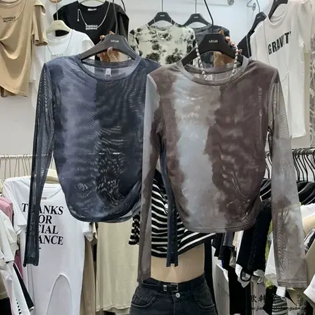 复古美式扎染薄款防晒衫女2023夏时髦撞色褶皱垫肩透视长袖上衣t商品大图