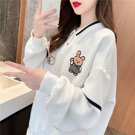 华夫格卫衣女春秋韩版宽松bf慵懒风ins日系薄款polo领上衣外套潮商品大图