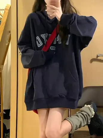 连帽加绒卫衣女秋冬加厚美式复古港风chic小众设计感oversize外套商品大图