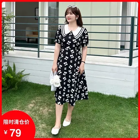 2023夏装新款法式复古碎花收腰显瘦娃娃领短袖显瘦大码胖mm连衣裙图片