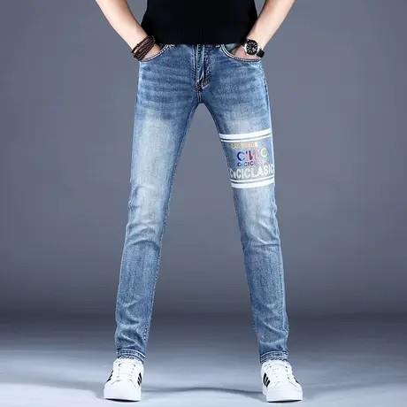 2023新款男士印花牛仔裤男修身小脚高端潮牌休闲裤子弹力浅色秋款商品大图