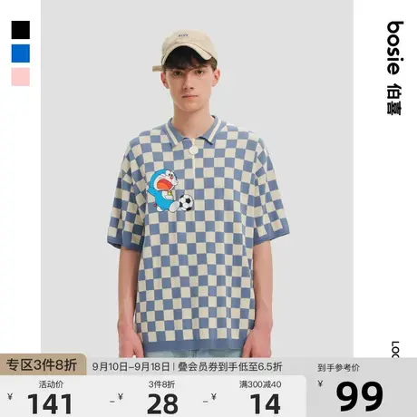 【哆啦A梦】bosie2023年夏季新款短袖Polo衫男情侣棋盘格针织polo商品大图