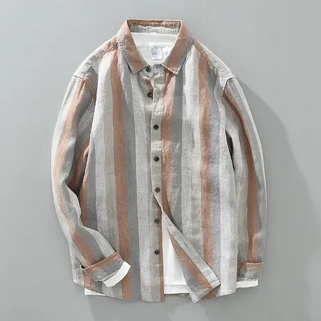 亚麻衬衫男长袖春秋季宽松上衣百搭翻领条纹衬衣男士休闲外套潮流商品大图