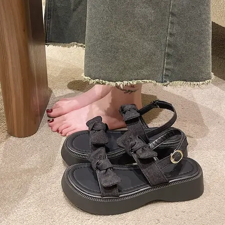 厚底一字带凉鞋仙女风2023年夏季新款配裙子百搭蝴蝶结防滑沙滩鞋图片