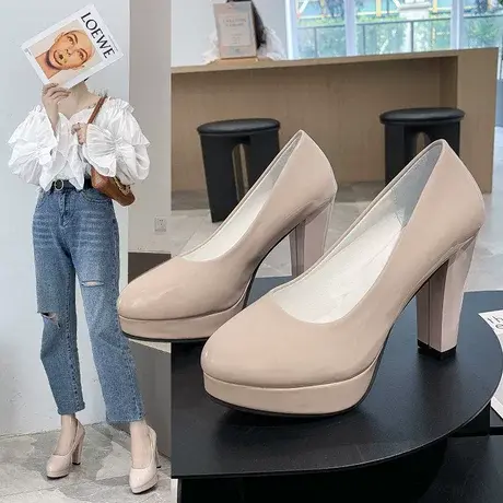 白色高跟单鞋女粗跟2023新款春季大码工作鞋职业浅口单鞋圆头瓢鞋商品大图