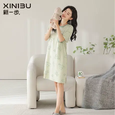 新一步2023年新款睡裙女夏季薄款短袖长款睡衣纯棉冰凉感家居服夏商品大图