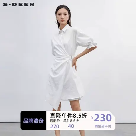 sdeer圣迪奥女装翻领收腰抽褶泡泡袖连衣裙S223Z1290图片
