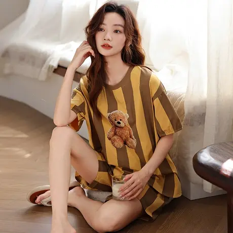 婷美夏季短袖睡衣女纯棉条纹套头宿舍学生薄款休闲家居服套装外穿商品大图