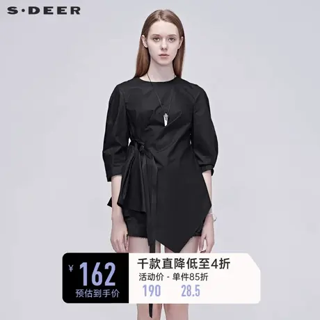 sdeer圣迪奥女装夏季上衣女设计感剪切飘带褶皱黑色衬衫S20280512商品大图