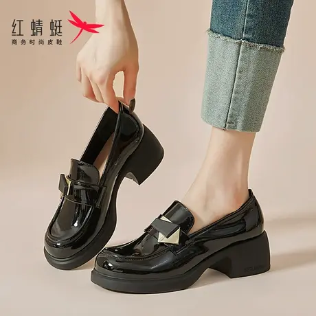 红蜻蜓女鞋春秋新款一脚蹬女士皮鞋厚底增高乐福鞋女英伦夏季单鞋图片
