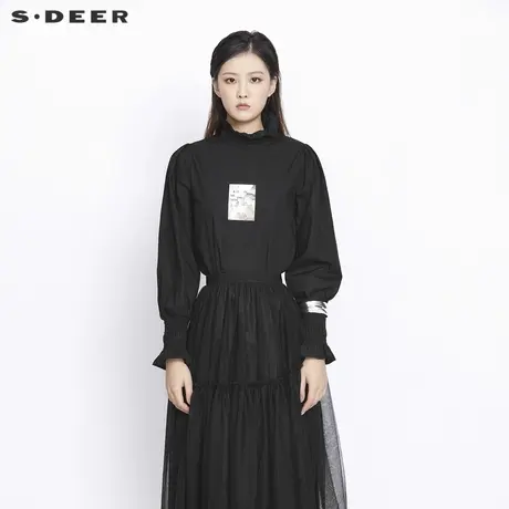 sdeer圣迪奥女装春秋装木耳边立领撞色字母长袖衬衫女S21380542商品大图