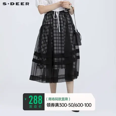 sdeer圣迪奥女夏个性松紧撞色格纹网纱拼接长裙半身裙S21281141图片