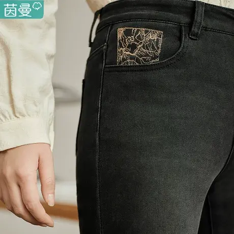 茵曼秋款加绒牛仔裤女2023年新款冬季高腰显瘦修身弹力小脚长裤子图片