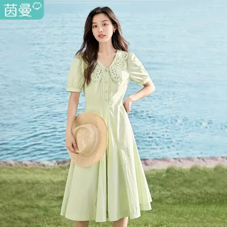 【商场同款】茵曼清新连衣裙2023夏女装新款V领灯笼袖抽褶上衣图片