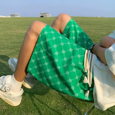 棋盘格抽绳卫裤夏季ins潮流宽松男士运动休闲裤2023情侣休闲短裤商品大图