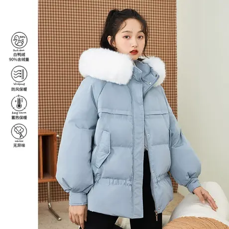 茵曼设计感短款羽绒服女冬季新款毛绒连帽轻薄白鸭绒三防棉服图片