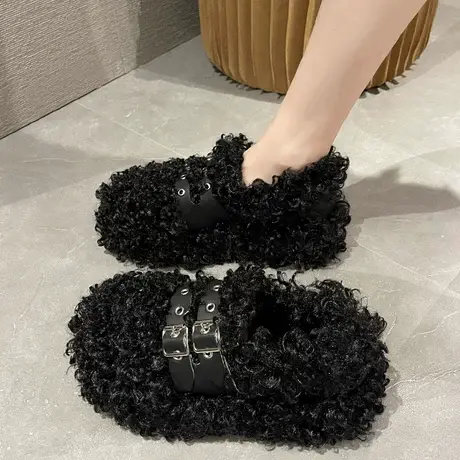 泰迪卷毛毛鞋女外穿2023新款小众设计感秋冬厚底加绒保暖豆豆棉鞋图片