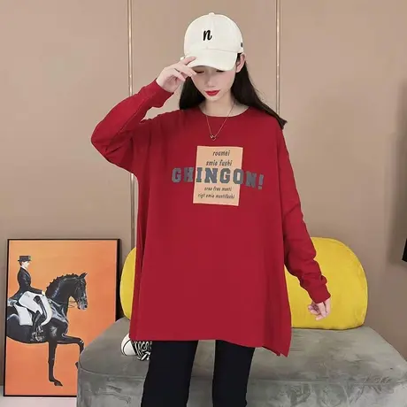字母印花长袖女2023秋季新款中长款宽松T恤卫衣时尚百搭打底上衣图片