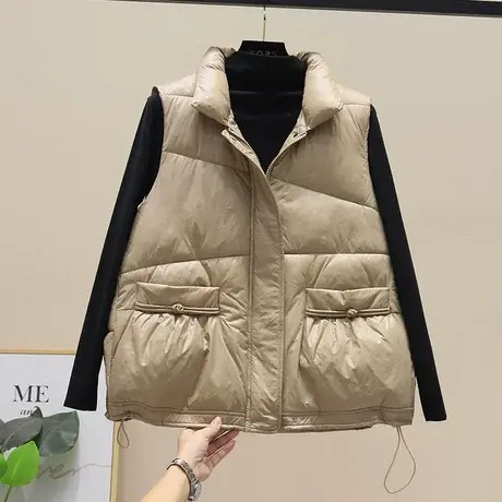 欧洲站立领棉马甲短款2023秋冬韩版洋气宽松无袖盘扣坎肩马夹外套商品大图