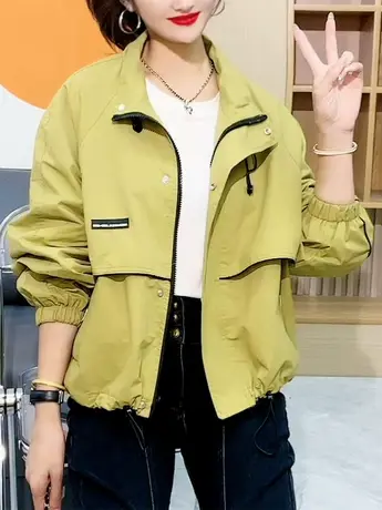 韩版潮牌短款外套女秋新款百搭宽松长袖拉链外穿上衣立领休闲风衣商品大图