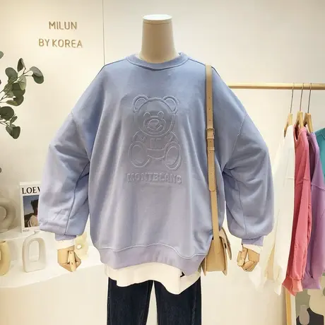 韩国东大门小熊卫衣秋季宽松套头字母纯色毛圈棉卫衣大码百搭休闲图片